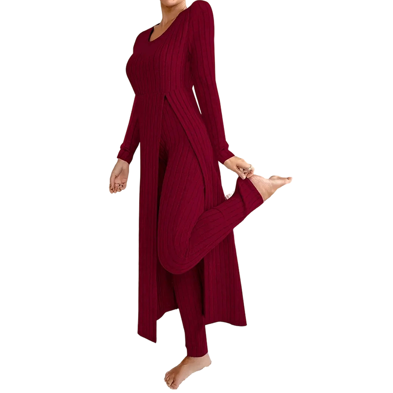 ✨ Easy Everyday Comfort 🦋 Women's Ribbed Longline Top & Slim-Fit Pants 2-Piece Set