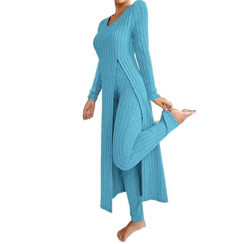 ✨ Easy Everyday Comfort 🦋 Women's Ribbed Longline Top & Slim-Fit Pants 2-Piece Set