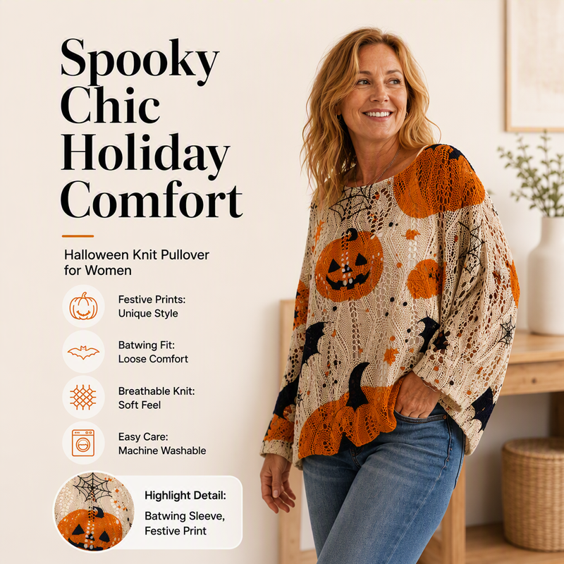 💖Black Friday Mega Deal – 50% off!💖🎃 Latest Design | Women's Halloween Pumpkin-Print Batwing Knit Sweater