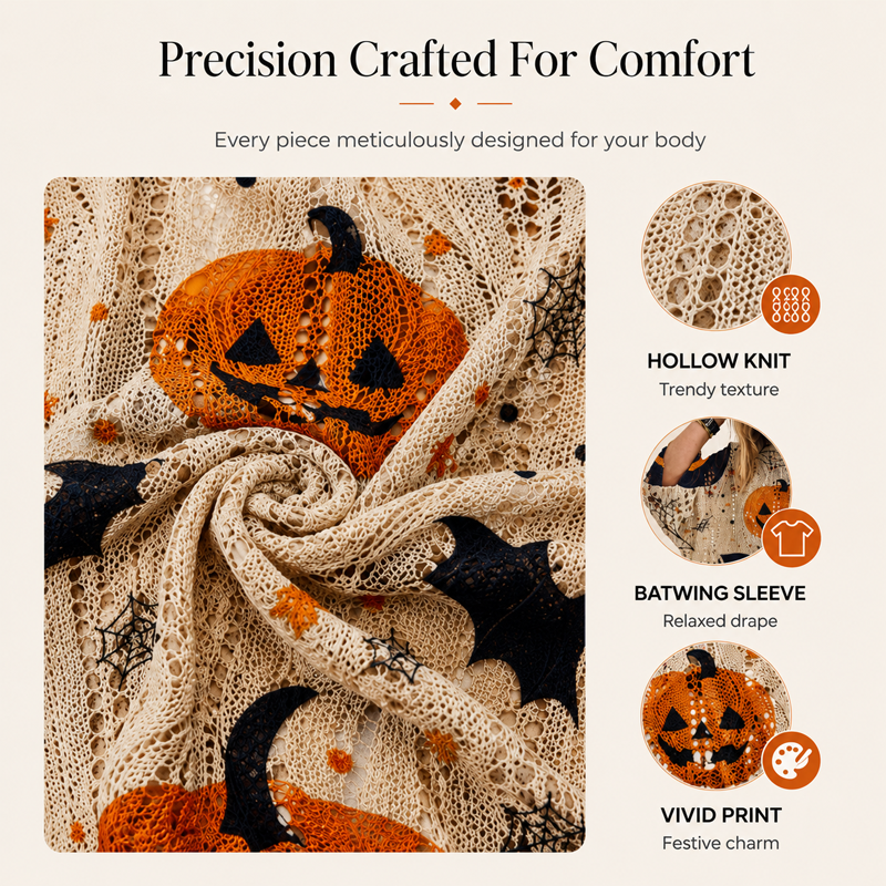 💖Black Friday Mega Deal – 50% off!💖🎃 Latest Design | Women's Halloween Pumpkin-Print Batwing Knit Sweater