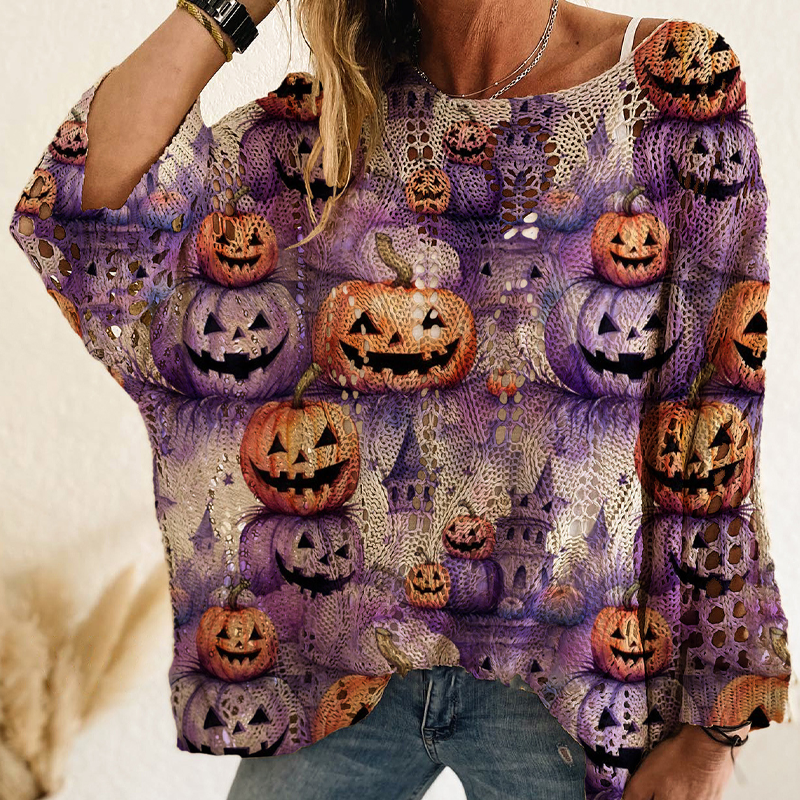 💖Black Friday Mega Deal – 50% off!💖🎃 Latest Design | Women's Halloween Pumpkin-Print Batwing Knit Sweater