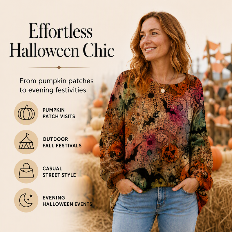 💖Black Friday Mega Deal – 50% off!💖🎃 Latest Design | Women's Halloween Pumpkin-Print Batwing Knit Sweater