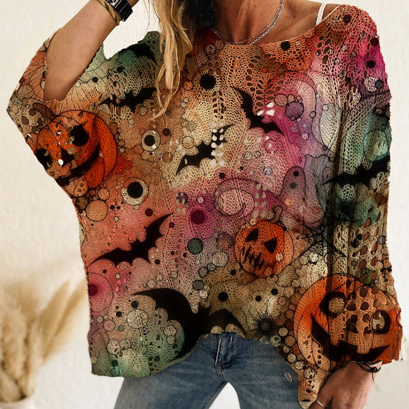 💖Black Friday Mega Deal – 50% off!💖🎃 Latest Design | Women's Halloween Pumpkin-Print Batwing Knit Sweater