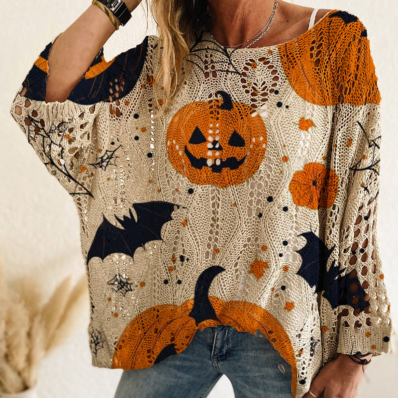 💖Black Friday Mega Deal – 50% off!💖🎃 Latest Design | Women's Halloween Pumpkin-Print Batwing Knit Sweater