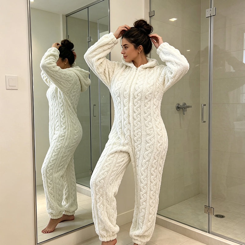 💖Black Friday Mega Deal – 50% off!💖🐻 Playful Comfort | Women's Bear-Embroidered Cable-Knit Hooded Loungewear
