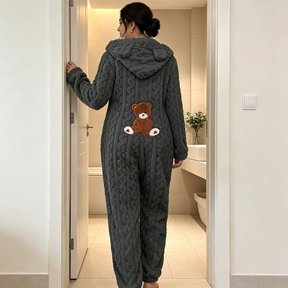 💖Black Friday Mega Deal – 50% off!💖🐻 Playful Comfort | Women's Bear-Embroidered Cable-Knit Hooded Loungewear