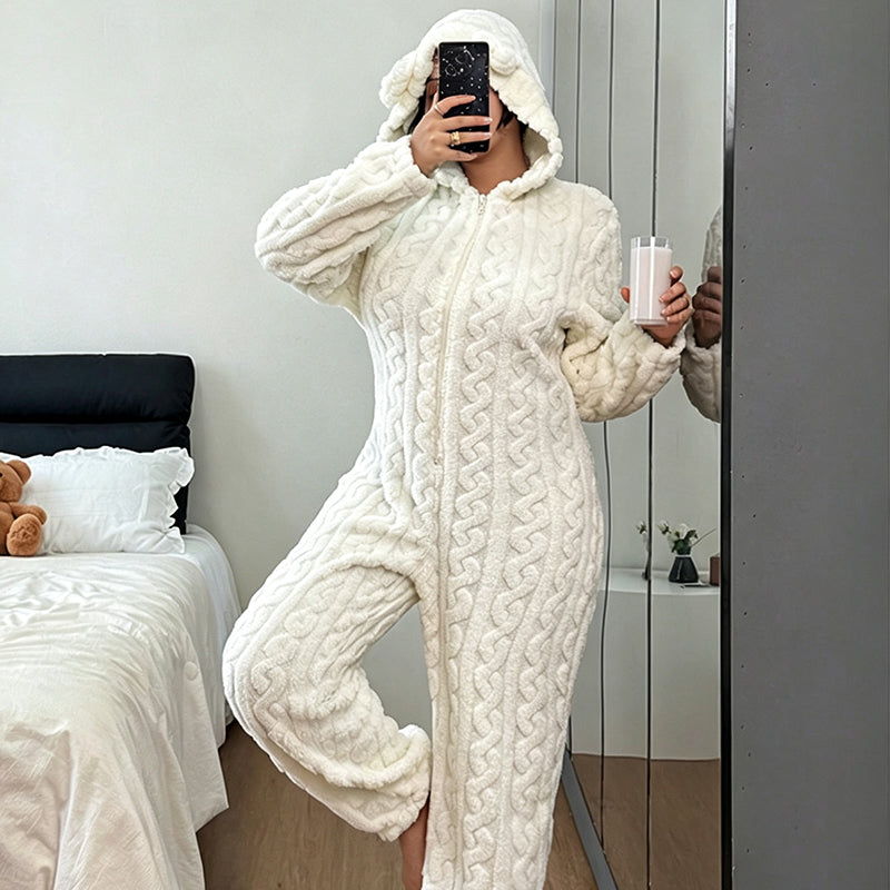 💖Black Friday Mega Deal – 50% off!💖🐻 Playful Comfort | Women's Bear-Embroidered Cable-Knit Hooded Loungewear