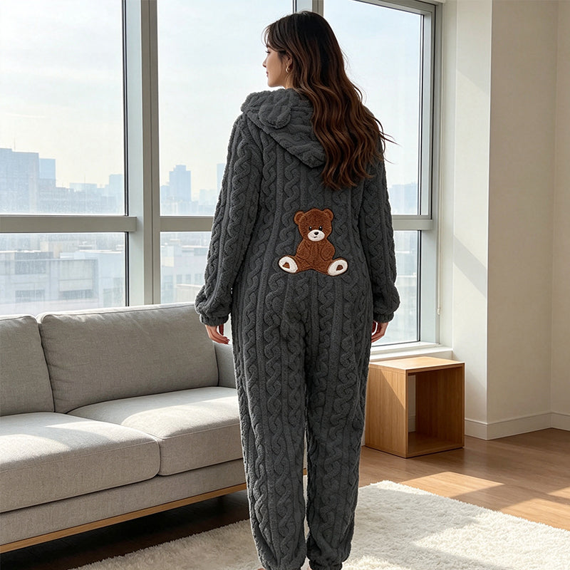💖Black Friday Mega Deal – 50% off!💖🐻 Playful Comfort | Women's Bear-Embroidered Cable-Knit Hooded Loungewear