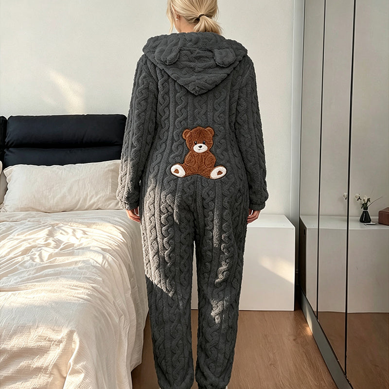 💖Black Friday Mega Deal – 50% off!💖🐻 Playful Comfort | Women's Bear-Embroidered Cable-Knit Hooded Loungewear