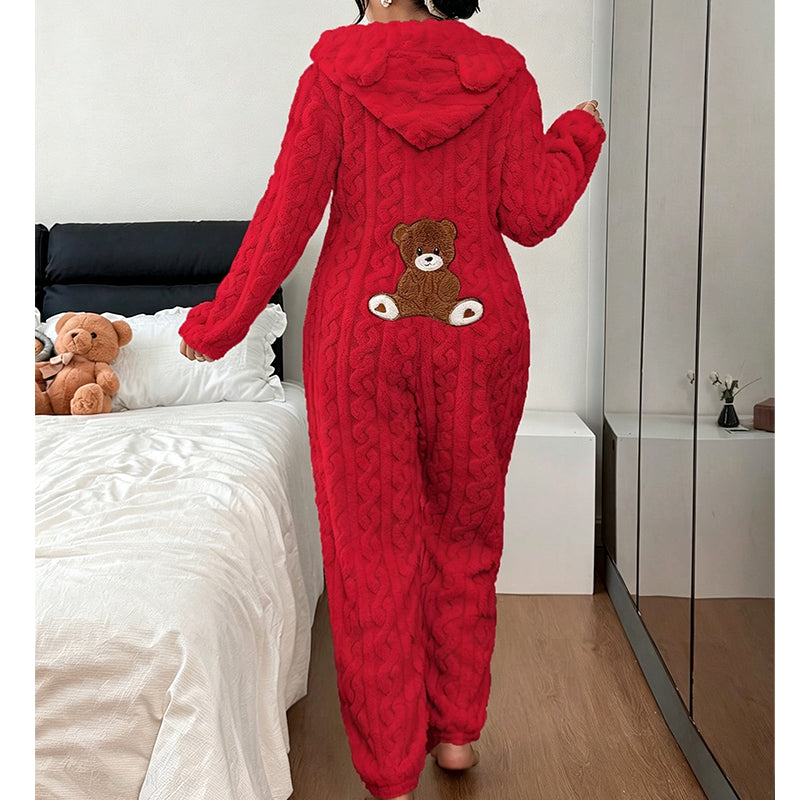 💖Black Friday Mega Deal – 50% off!💖🐻 Playful Comfort | Women's Bear-Embroidered Cable-Knit Hooded Loungewear
