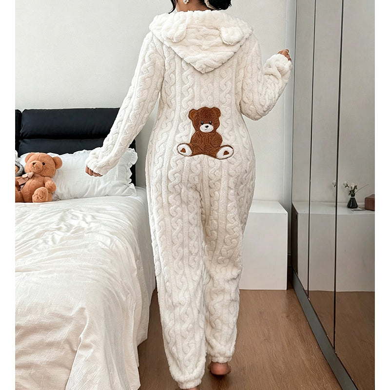 💖Black Friday Mega Deal – 50% off!💖🐻 Playful Comfort | Women's Bear-Embroidered Cable-Knit Hooded Loungewear