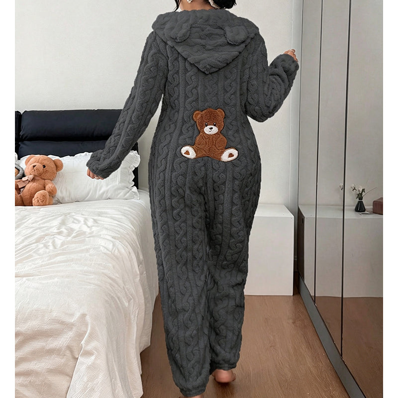 💖Black Friday Mega Deal – 50% off!💖🐻 Playful Comfort | Women's Bear-Embroidered Cable-Knit Hooded Loungewear