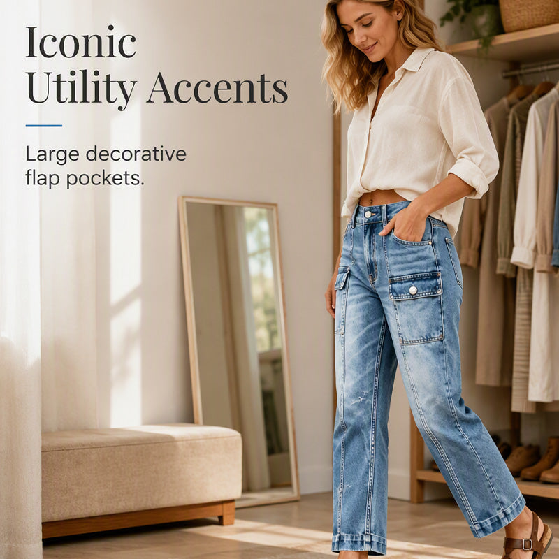 👖 Flattering Utility Style | Women's High-Waist Flap-Pocket Straight-Leg Jeans