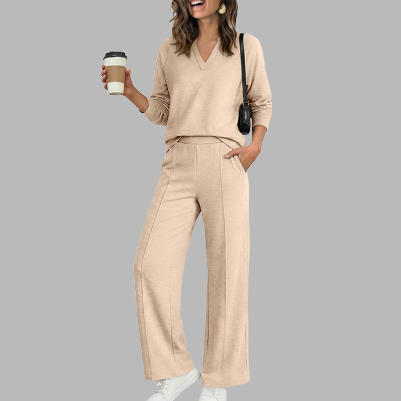 🍂⏳LIMITED-TIME 70% OFF! ✨Women's 2 Piece Outfits V Neck Lounge Set | Raglan Long Sleeve Top & Wide Leg Pants
