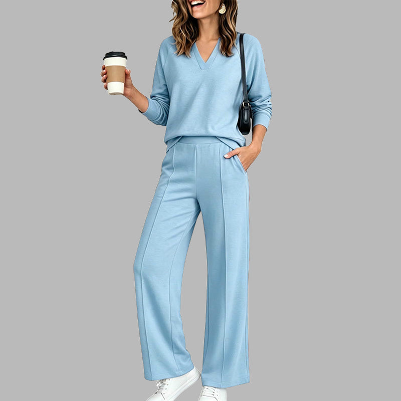 ✨ Women's Chic V-Neck 2-Piece Lounge Set – Relaxed Long-Sleeve Top, Flowy Wide-Leg Pants & Effortless Comfort for a Stylish, Put-Together Look at Home or On the Go! 🌸