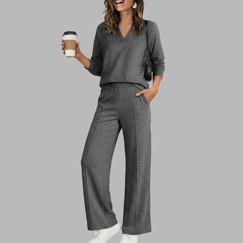 🍂⏳LIMITED-TIME 70% OFF! ✨Women's 2 Piece Outfits V Neck Lounge Set | Raglan Long Sleeve Top & Wide Leg Pants