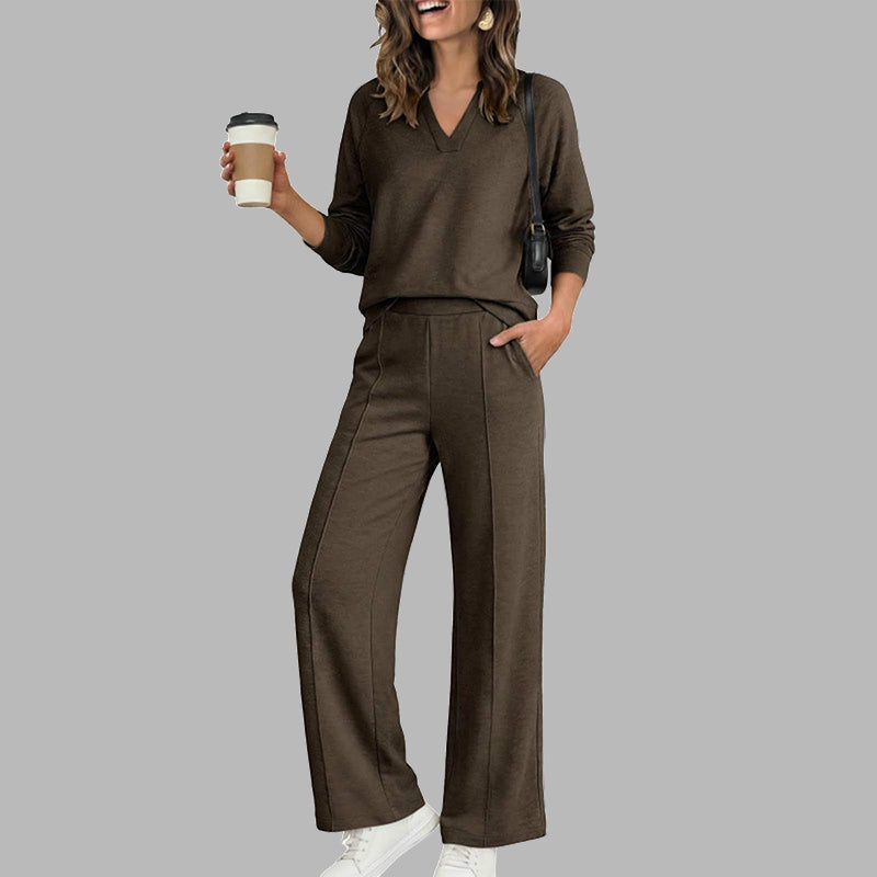 🍂⏳LIMITED-TIME 70% OFF! ✨Women's 2 Piece Outfits V Neck Lounge Set | Raglan Long Sleeve Top & Wide Leg Pants