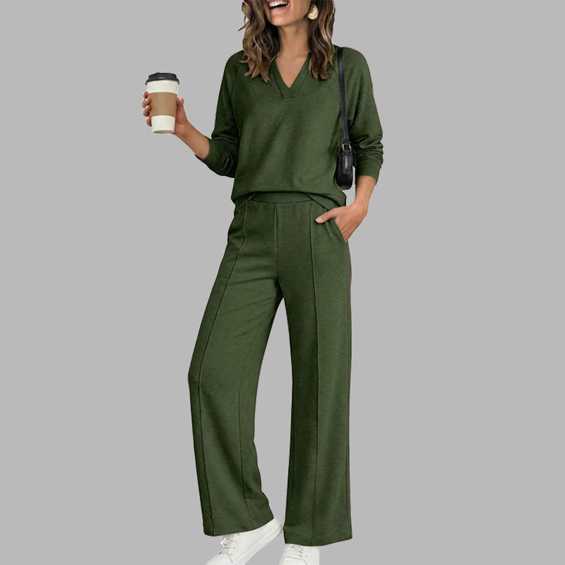 🍂⏳LIMITED-TIME 70% OFF! ✨Women's 2 Piece Outfits V Neck Lounge Set | Raglan Long Sleeve Top & Wide Leg Pants