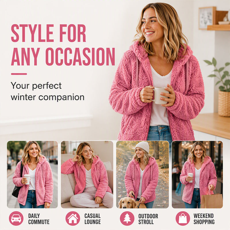 🍂🧥Women's Cozy Fuzzy Hooded Jacket – Soft Zip-Up Outerwear for Everyday Warmth
