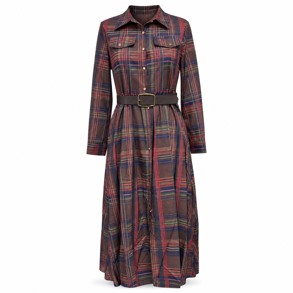 ✨ French-Inspired Elegance | Women's Plaid Cinched-Waist Pleated A-Line Dress