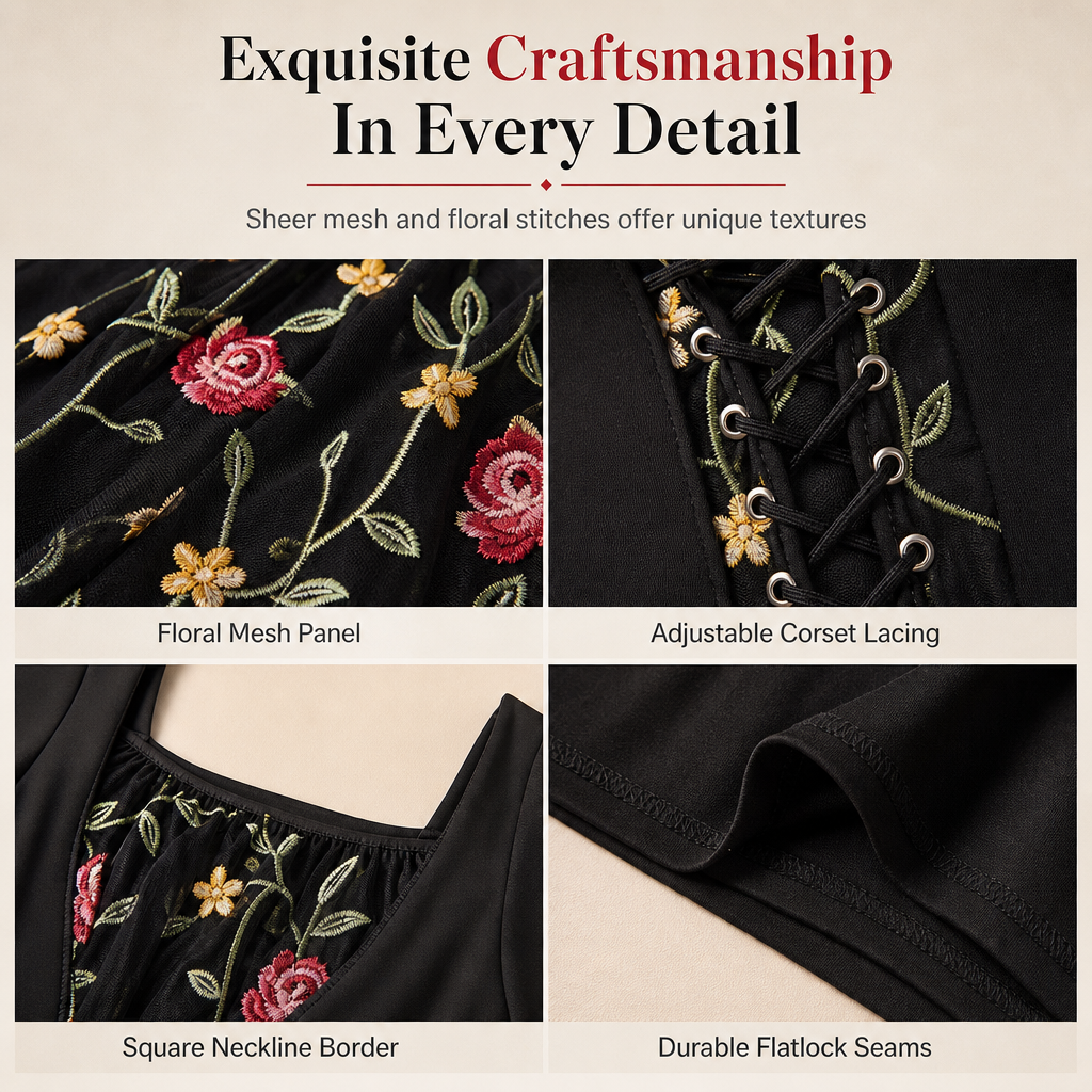 🌺 Corset Detail, Floral Elegance | Women's Embroidered Lace-Up Maxi Dress