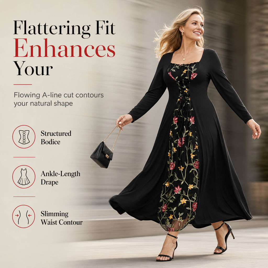 🌺 Corset Detail, Floral Elegance | Women's Embroidered Lace-Up Maxi Dress