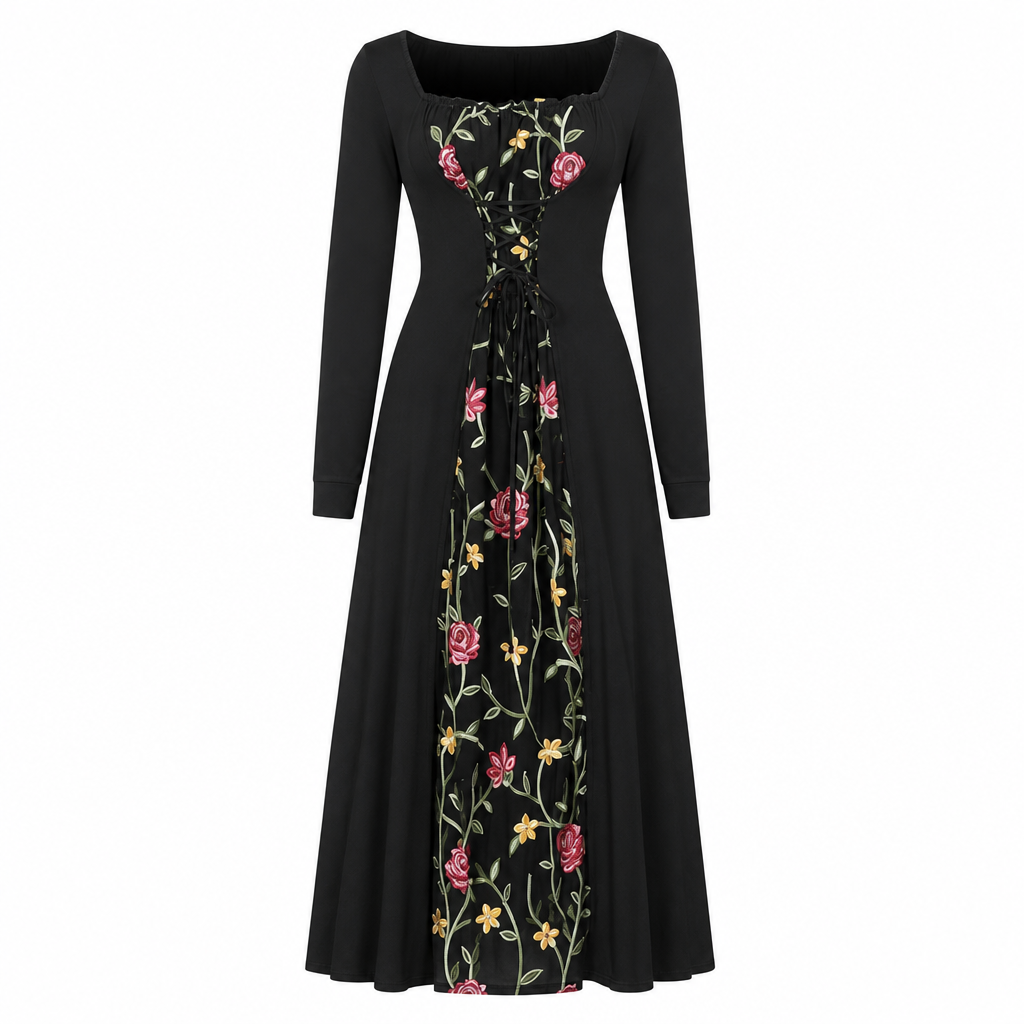 🌺 Corset Detail, Floral Elegance | Women's Embroidered Lace-Up Maxi Dress