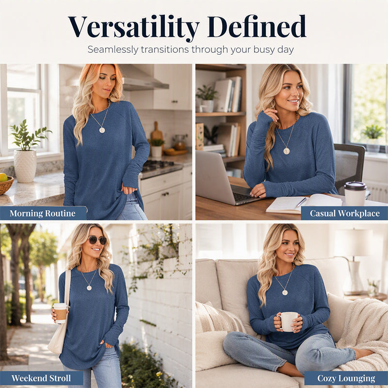 ✨ Easy Everyday Style | Women's Casual Crewneck Top with Thumbholes