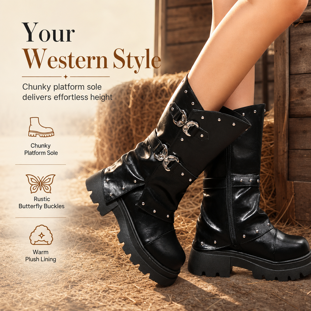 🤎Women's Platform Mid Block Heel Ankle Boots with Round Toe Stitching Fold-Over Cuff and Buckle Strap