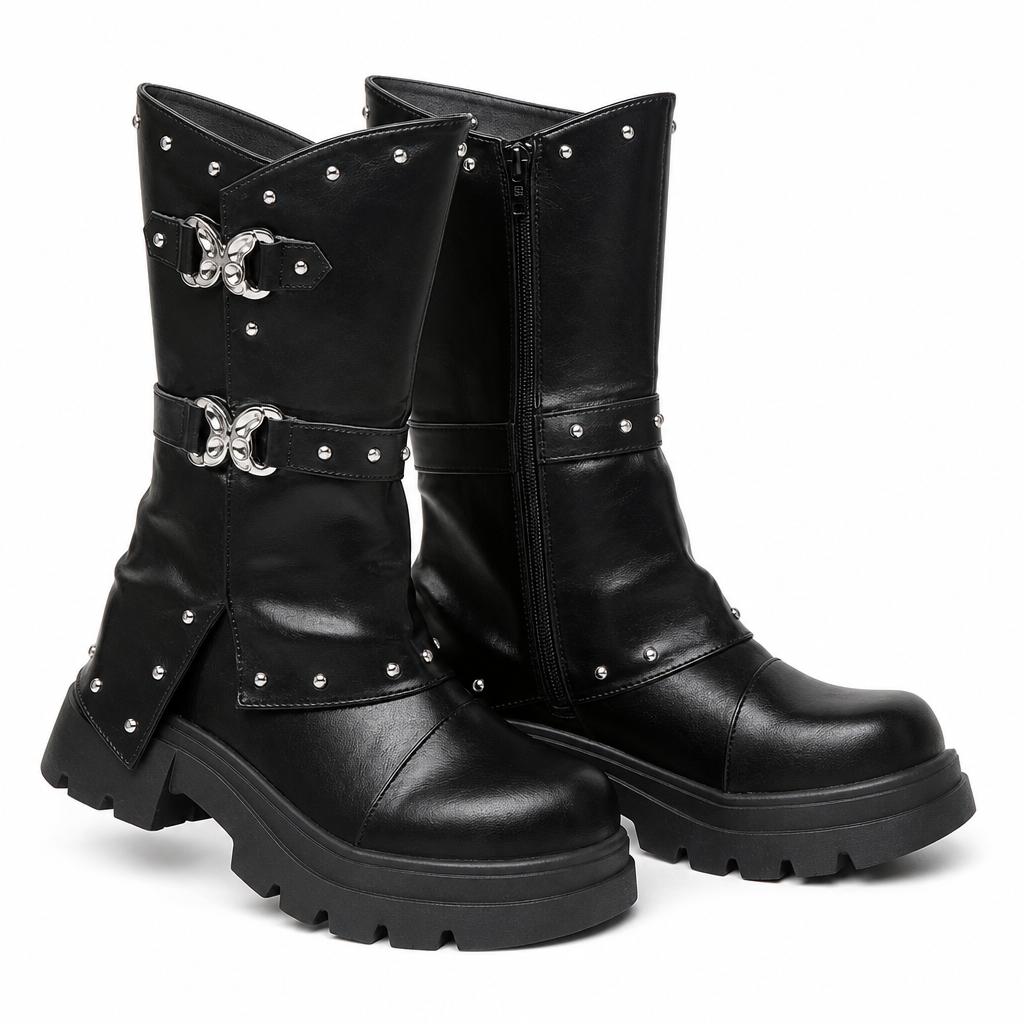 🤎Women's Platform Mid Block Heel Ankle Boots with Round Toe Stitching Fold-Over Cuff and Buckle Strap