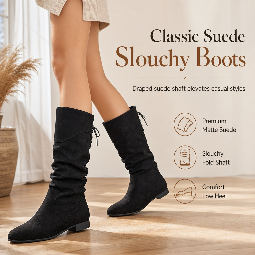 🥾 Women's Lace-Up Slouch Mid-Calf Boots – Vintage Casual Chunky Heel Ankle Boots