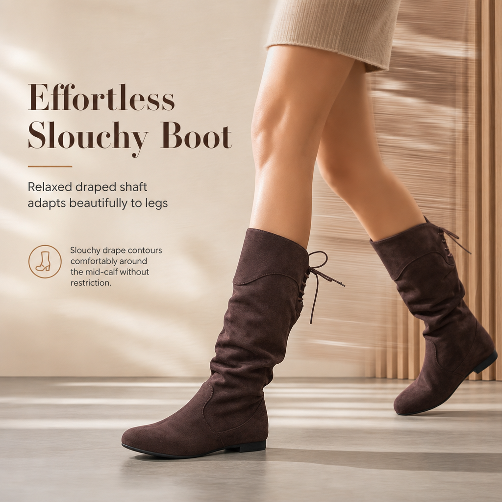 🥾 Women's Lace-Up Slouch Mid-Calf Boots – Vintage Casual Chunky Heel Ankle Boots