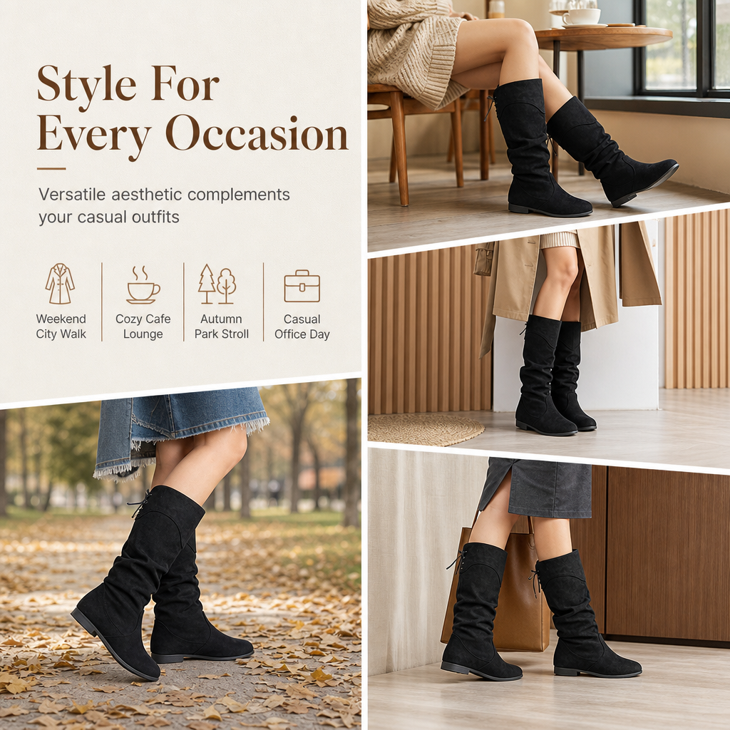 🥾 Women's Lace-Up Slouch Mid-Calf Boots – Vintage Casual Chunky Heel Ankle Boots