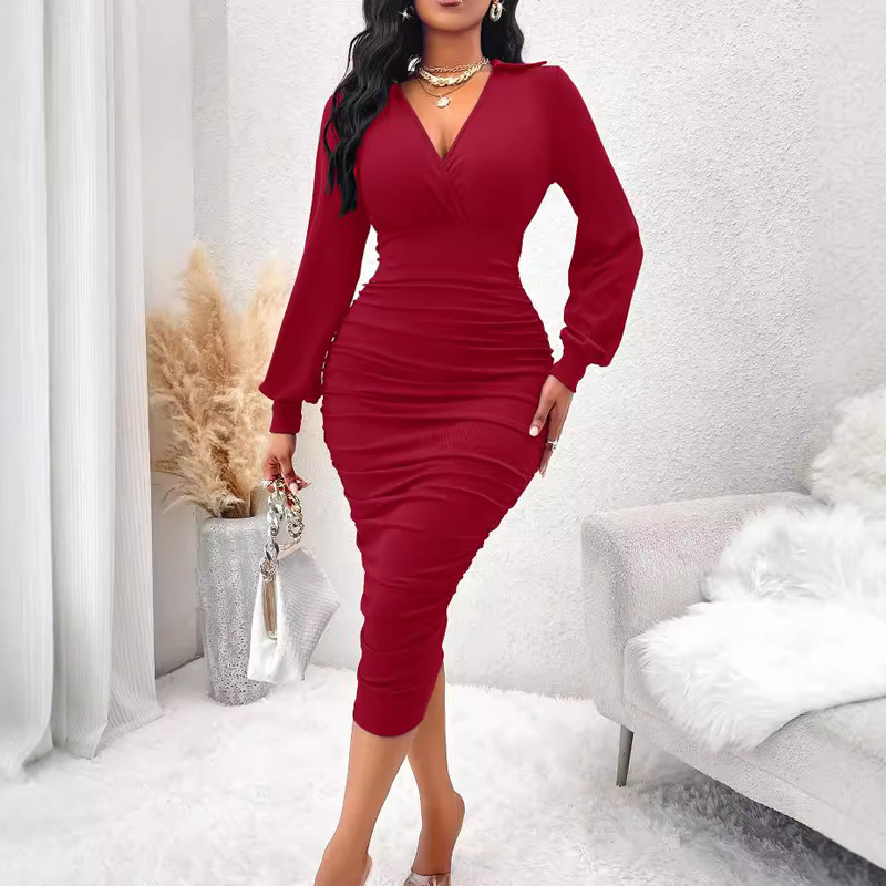 💃 Designed to Flatter ✨ Women's V-Neck Ruched Lantern-Sleeve Bodycon Dress🍷