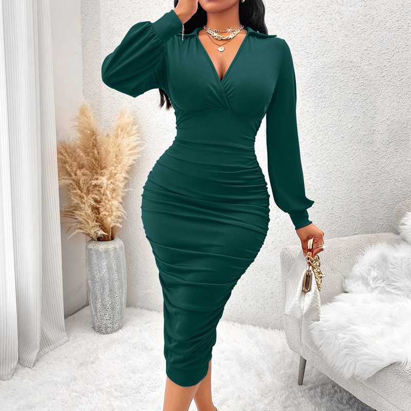 💃 Designed to Flatter ✨ Women's V-Neck Ruched Lantern-Sleeve Bodycon Dress🍷