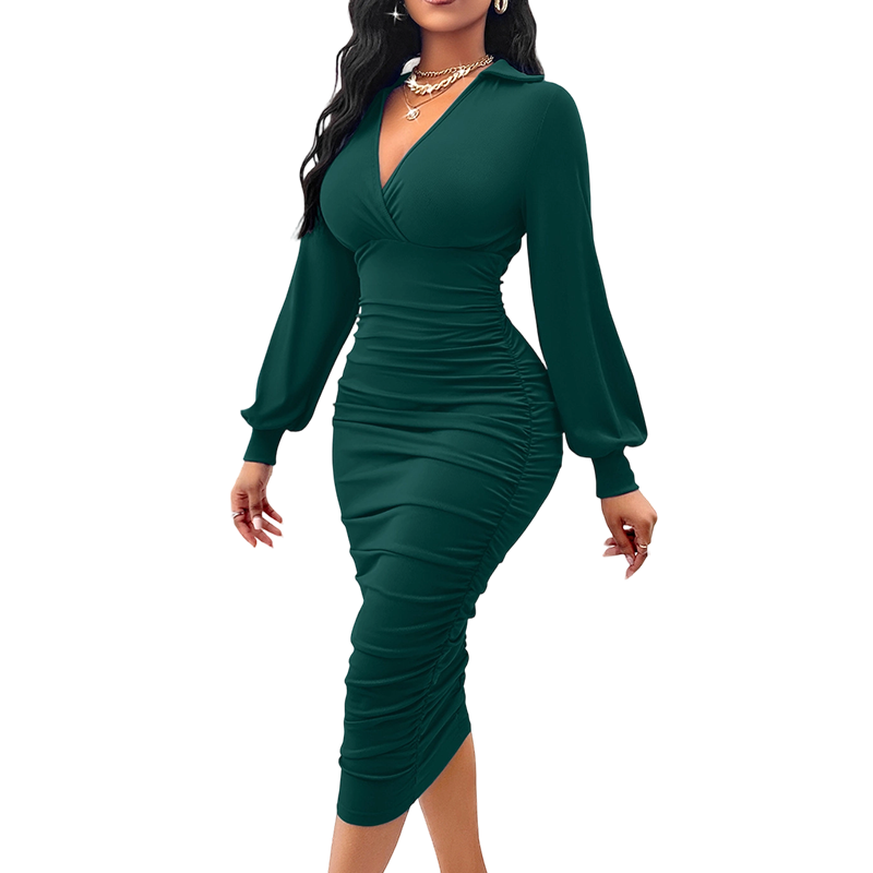 💃 Designed to Flatter | Women's V-Neck Ruched Lantern-Sleeve Bodycon Dress