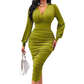 💃 Designed to Flatter ✨ Women's V-Neck Ruched Lantern-Sleeve Bodycon Dress🍷