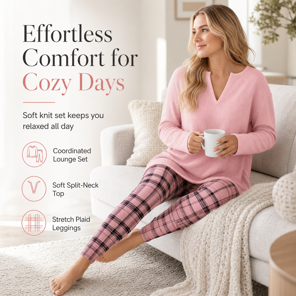 🔥 2 Pieces, Zero Matching Stress🎀☁ Women's Knit Top & Plaid Leggings Set