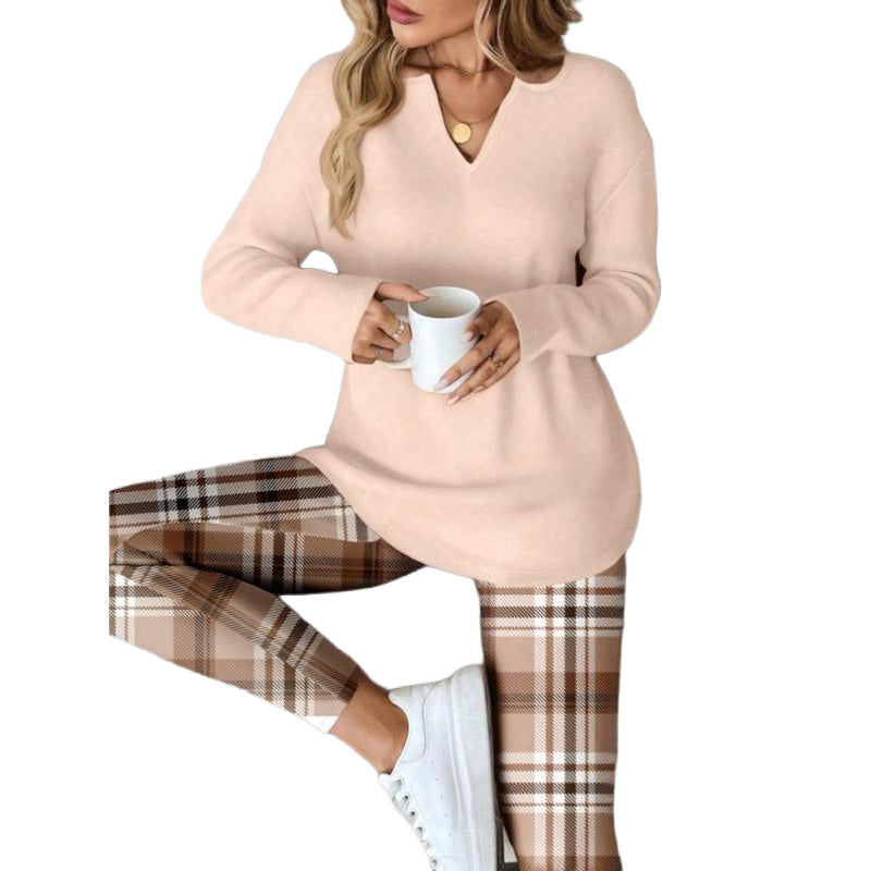 🔥 2 Pieces, Zero Matching Stress🎀☁ Women's Knit Top & Plaid Leggings Set