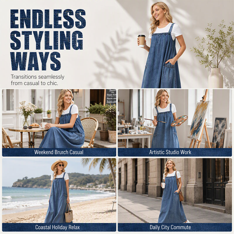 👗 Relaxed Denim, Freedom to Move | Women's Oversized Suspender Maxi Dress