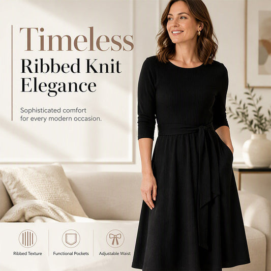 🍂Women's Crew Neck Ribbed Knit A-Line Midi Dress with 3/4 Sleeves and Pockets