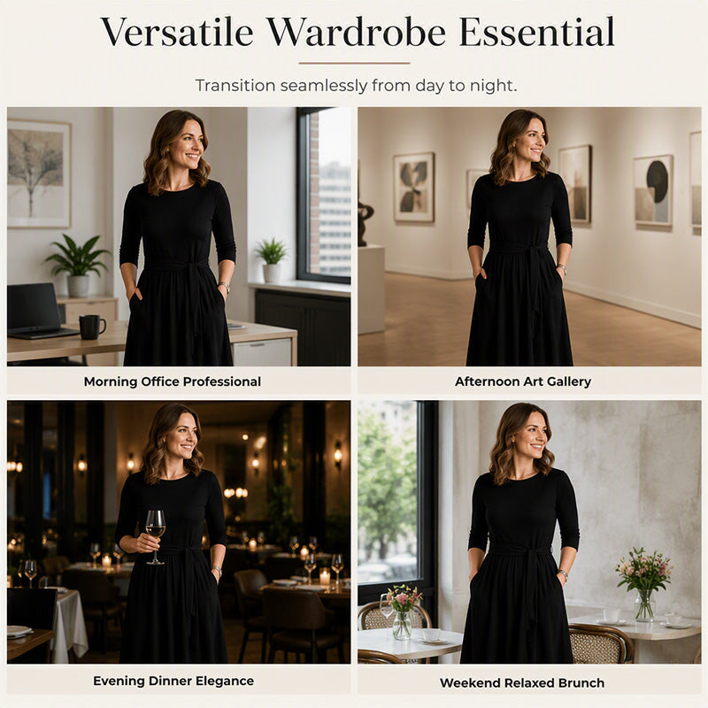 🍂Women's Crew Neck Ribbed Knit A-Line Midi Dress with 3/4 Sleeves and Pockets