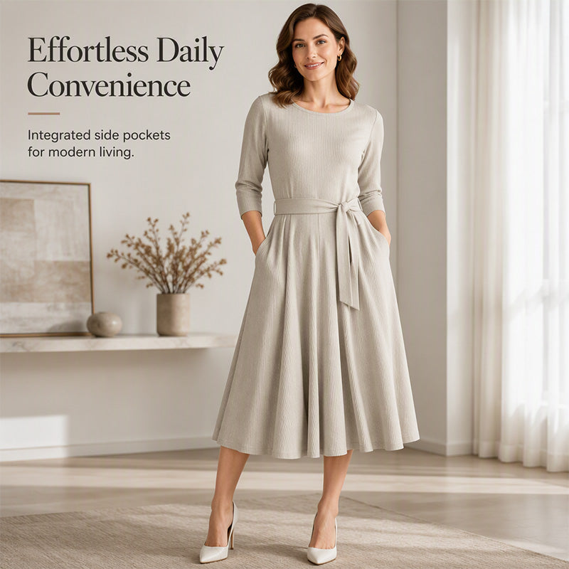 🍂Women's Crew Neck Ribbed Knit A-Line Midi Dress with 3/4 Sleeves and Pockets