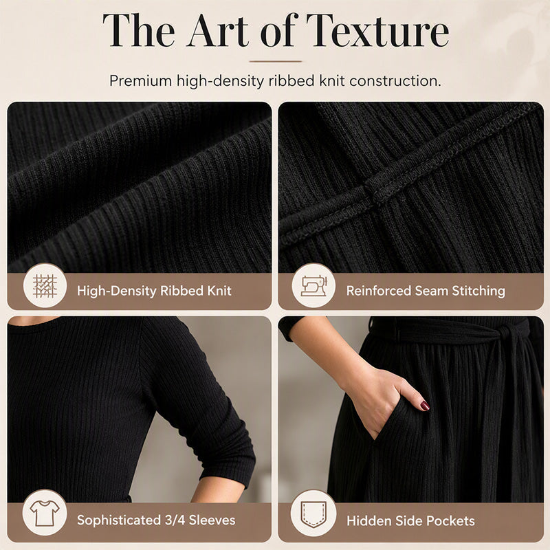 🍂Women's Crew Neck Ribbed Knit A-Line Midi Dress with 3/4 Sleeves and Pockets