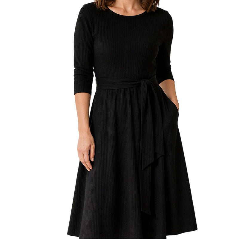 🍂Women's Crew Neck Ribbed Knit A-Line Midi Dress with 3/4 Sleeves and Pockets