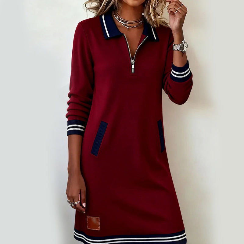 ✨ Striped Detail, Easy Quarter-Zip Style | Women's Collared Pocket Dress