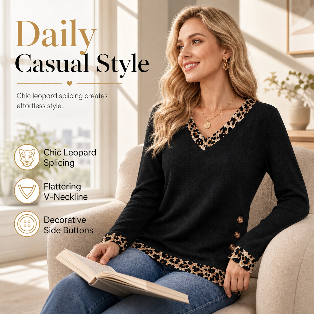 🐆 Leopard Details Make the Look | Women's V-Neck Contrast-Trim Knit Top