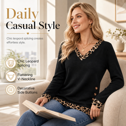 🖤Black Friday Sale:50% OFF🖤 ✨ Women's V-Neck Leopard Trim Knit Top 🐆 Elegant Contrast Detail Long Sleeve Sweater