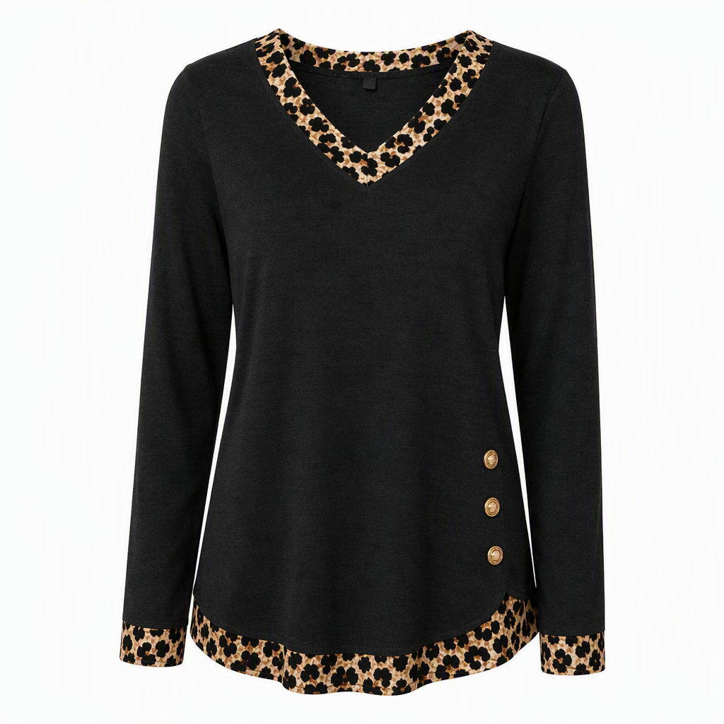 🐆 Leopard Details Make the Look | Women's V-Neck Contrast-Trim Knit Top