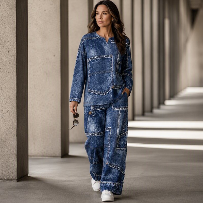 🎨 Denim Look, Lighter Feel | Women's Patchwork Wide-Leg 2-Piece Set ⚡ Free Shipping